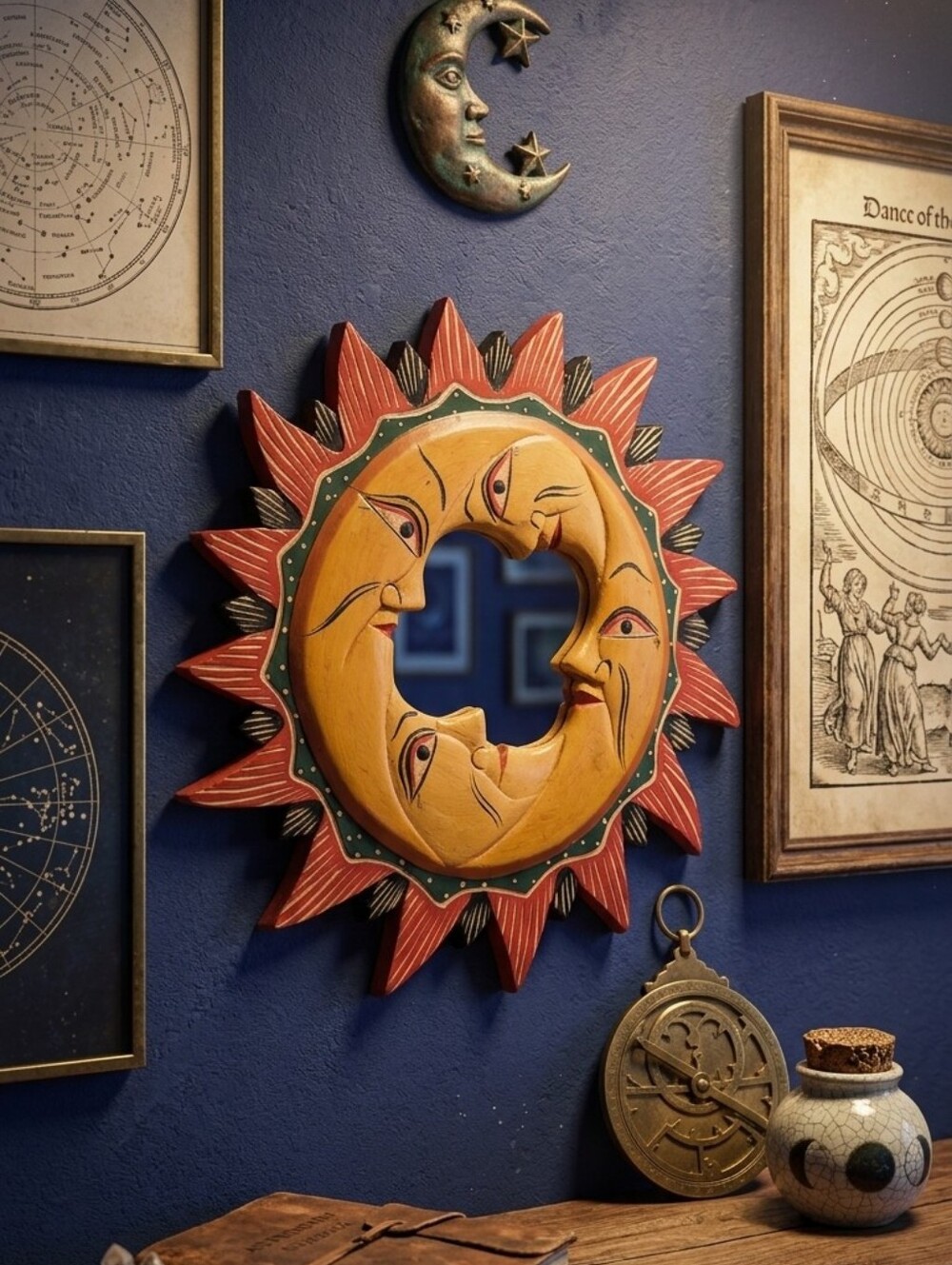 Wooden Sun and Moon wall hanging mirror Celestial decor Hand Painted READ